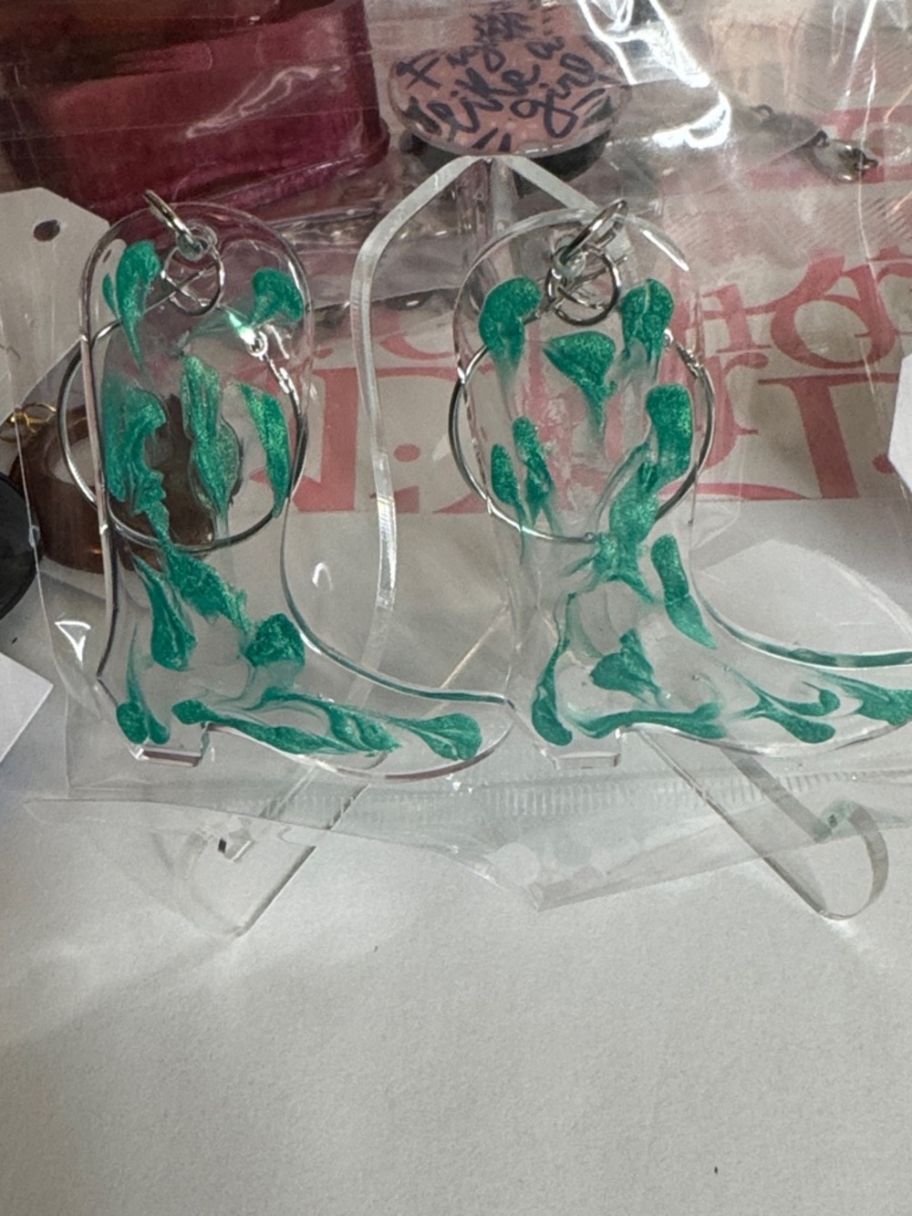 Clear Acrylic Earrings with Green Swirl Accents